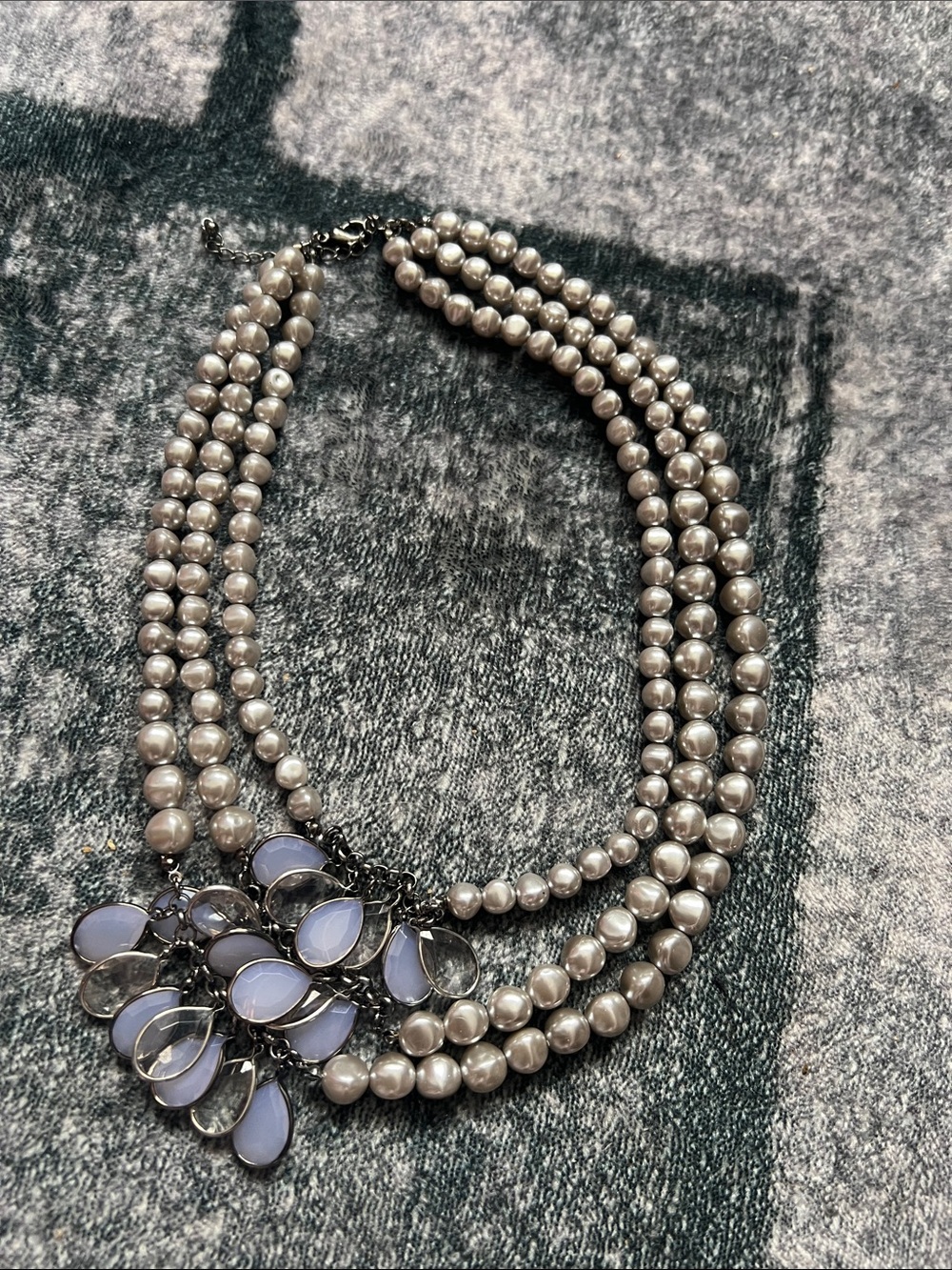 Triple-Strand Gray Pearl Necklace with Lavender Teardrop Accents